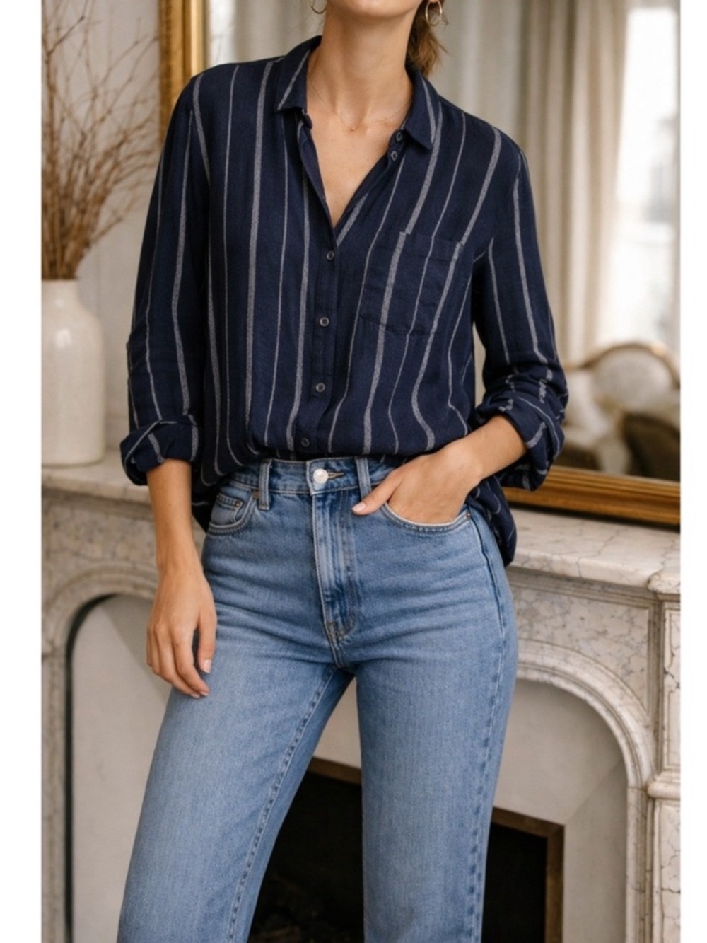 Cloth & Stone Shirt Tulane White Blue Striped Drapey Button Up Top